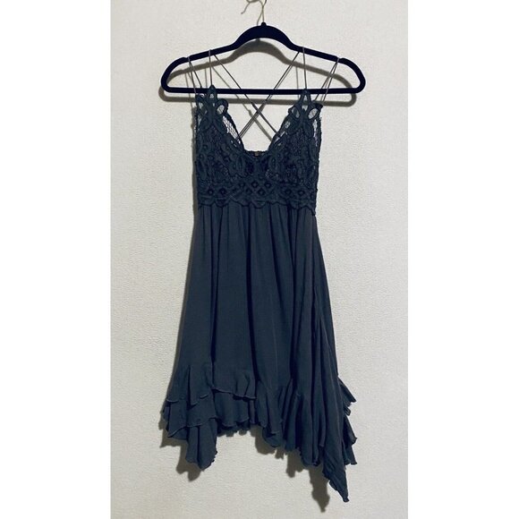 Free People Dress Womens Small Charcoal Gray Adella Slip Crochet Ruffle Boho - Picture 2 of 10